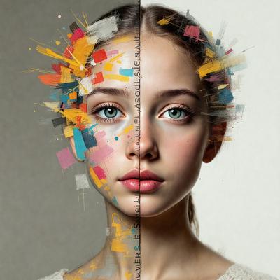 The primary subject of the image is a woman with a colorful, abstract design on her face. The design is made up of various colors and patterns, creating a visually striking and unique appearance. The setting is a white background, which provides a clean and uncluttered backdrop for the woman's face. The visual style of the image is a combination of photo and digital art, as it features a close-up of the woman's face with the abstract design, and the overall atmosphere is vibrant and artistic.